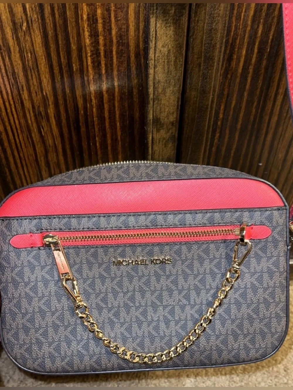 Michael Kors Brown Monogram Crossbody with Red Trim